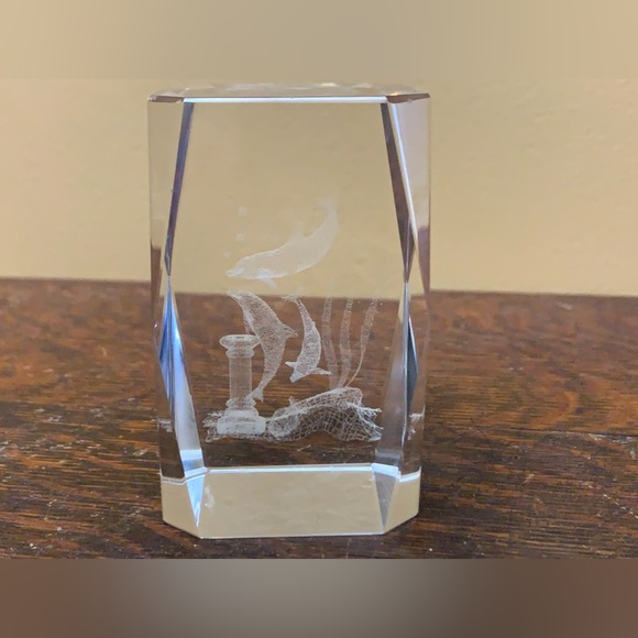 Solid Lead Crystal Laser Etched Swimming Dolphins Paperweight - Picture 4 of 16